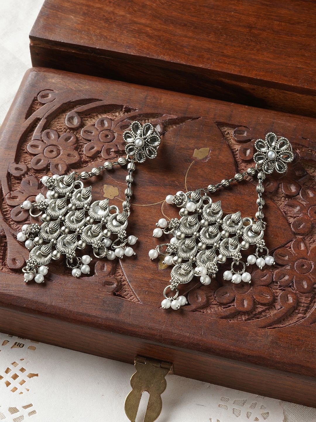 

TEEJH Artificial Beads Oxidised Drop Earrings, Silver