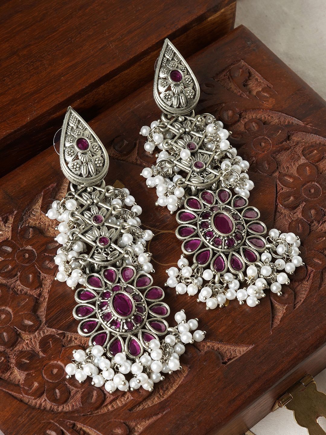 

TEEJH Artificial Stones & Beads Floral Drop Earrings, Red