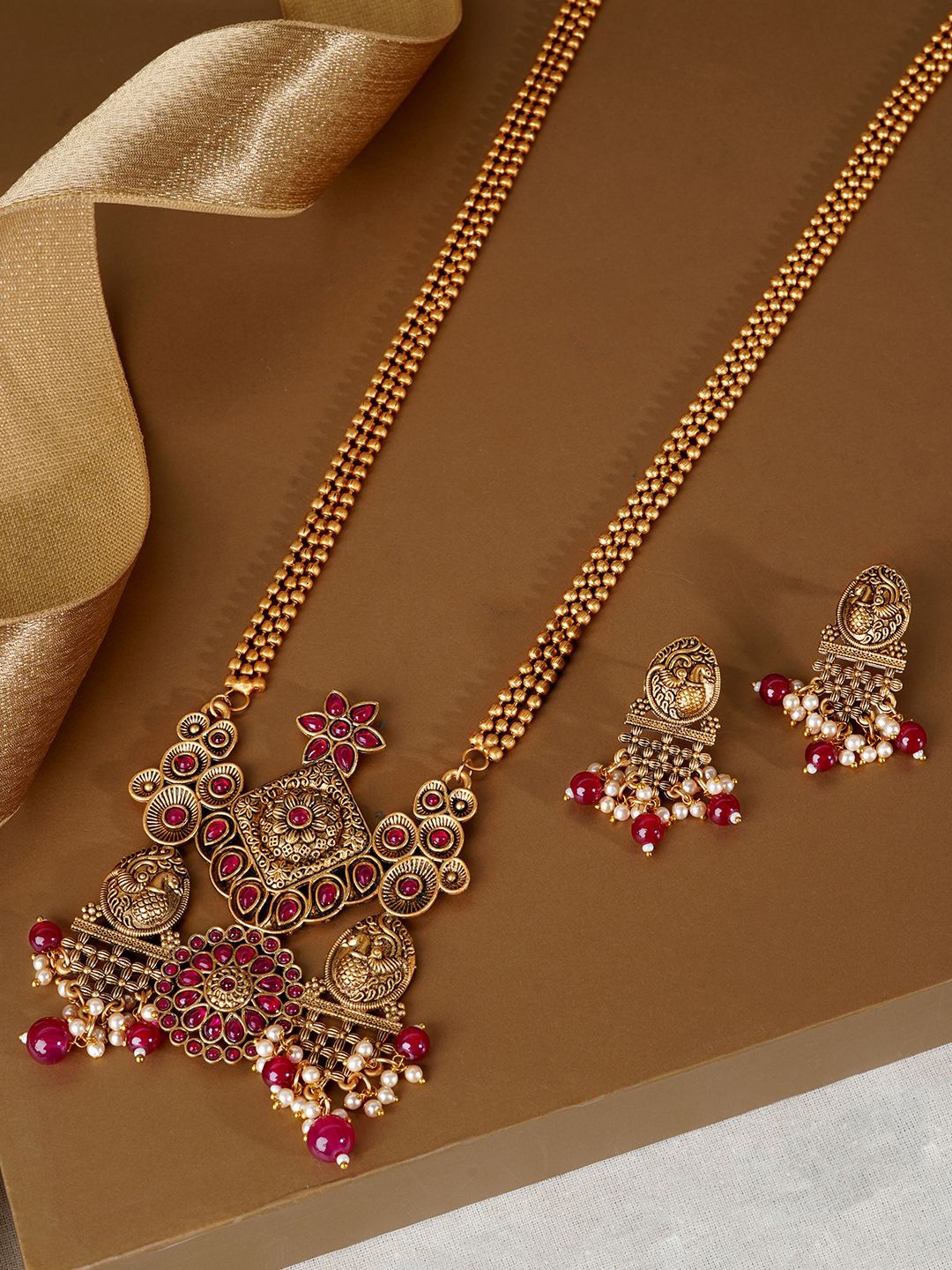 

TEEJH Ruby Stone Studded & Beaded Necklace and Earrings, Gold