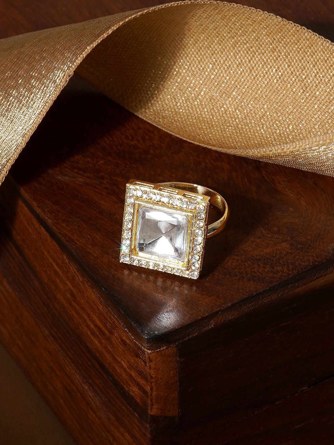 

TEEJH Vargh Gold-Plated Stone-Studded Adjustable Finger Ring