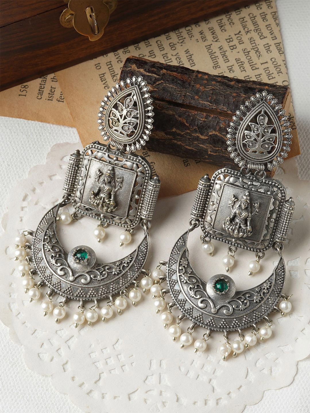 

TEEJH Oxidised Classic Pearls Beaded Drop Earrings, Silver