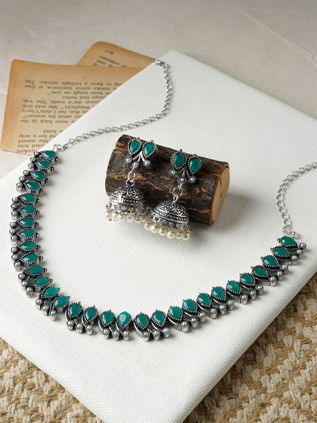 

TEEJH Classic Green and Ivory Stone-Studded & Beaded Oxidised Jewellery Set, Silver