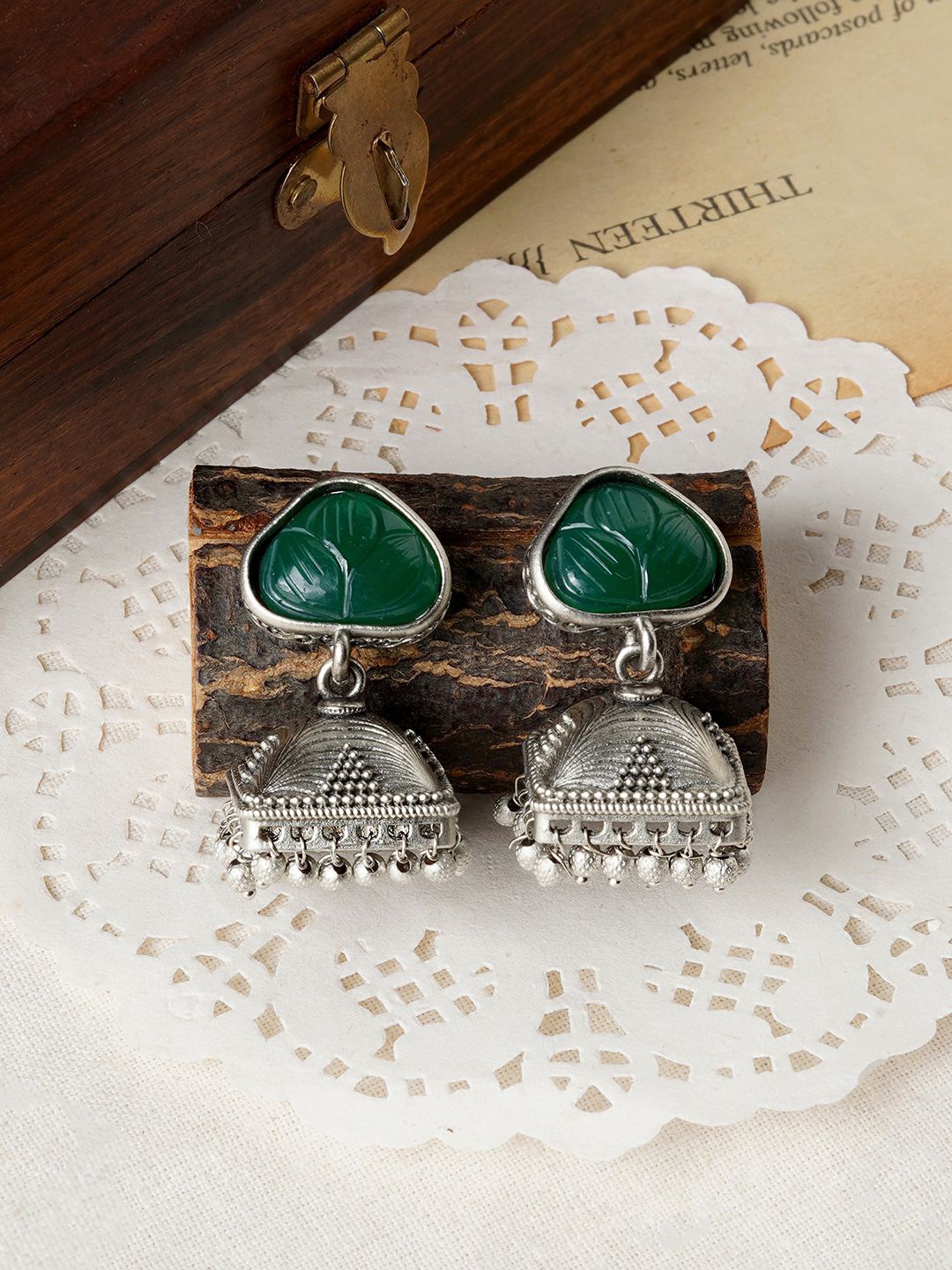 

TEEJH Oxidised Dome Shaped Ruby Studded Jhumkas, Silver