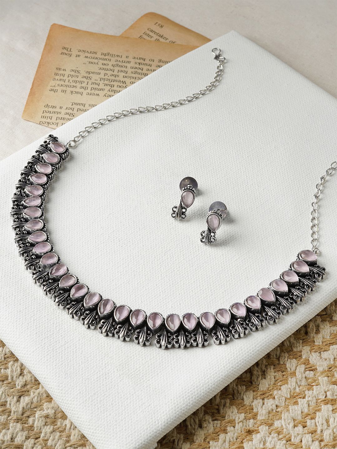 

TEEJH Pink Blossom Stone-Studded Oxidised Jewellery Set, Silver