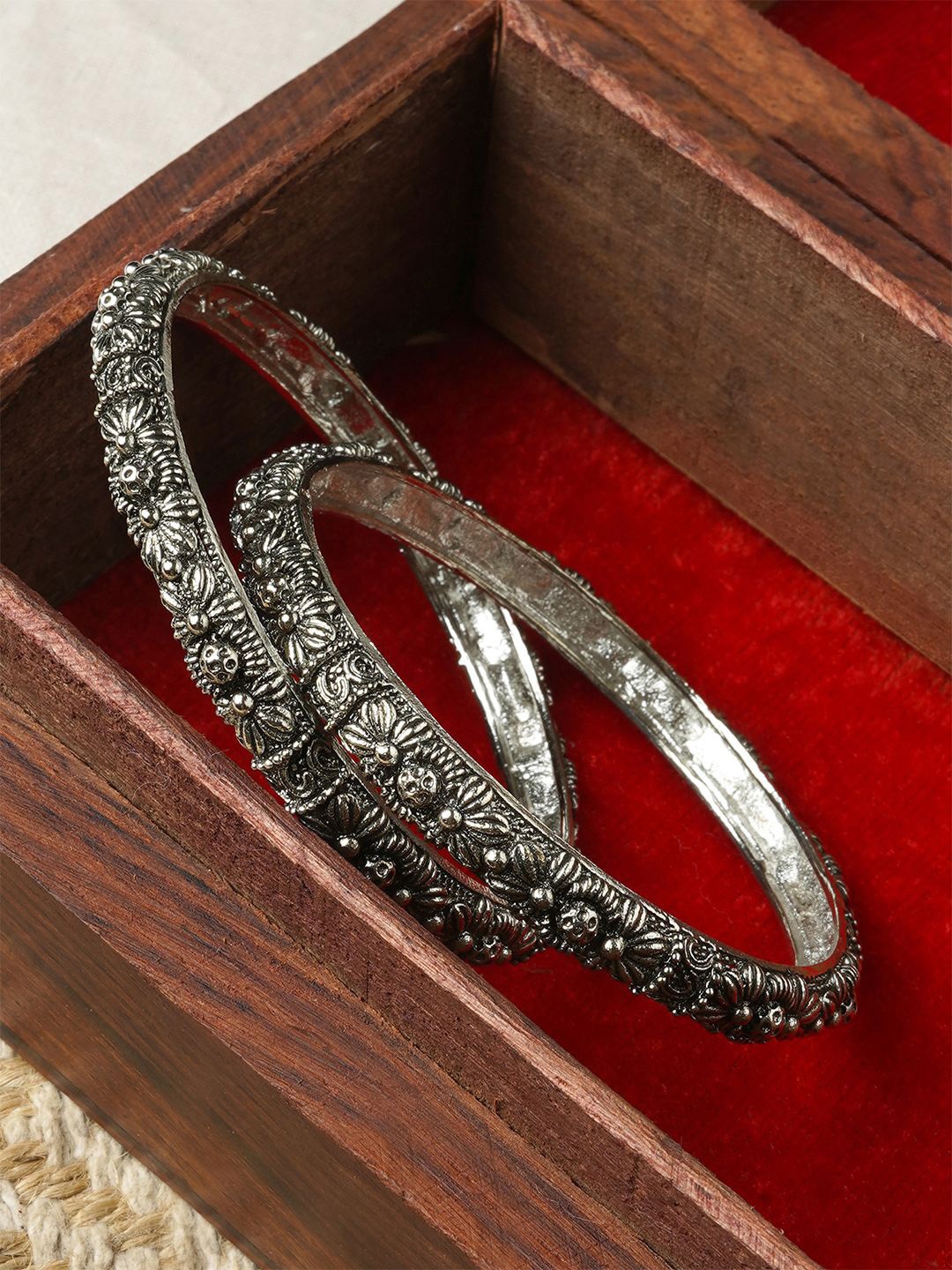 

TEEJH Set Of 2 Magadha Silver-Plated Oxidized Bangles