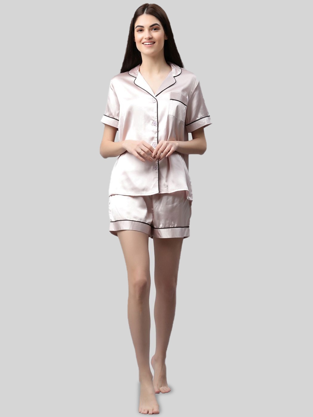 

PRETTY LOVING THING Women Lapel Collar Shirt and Shorts Night Suit, Pink