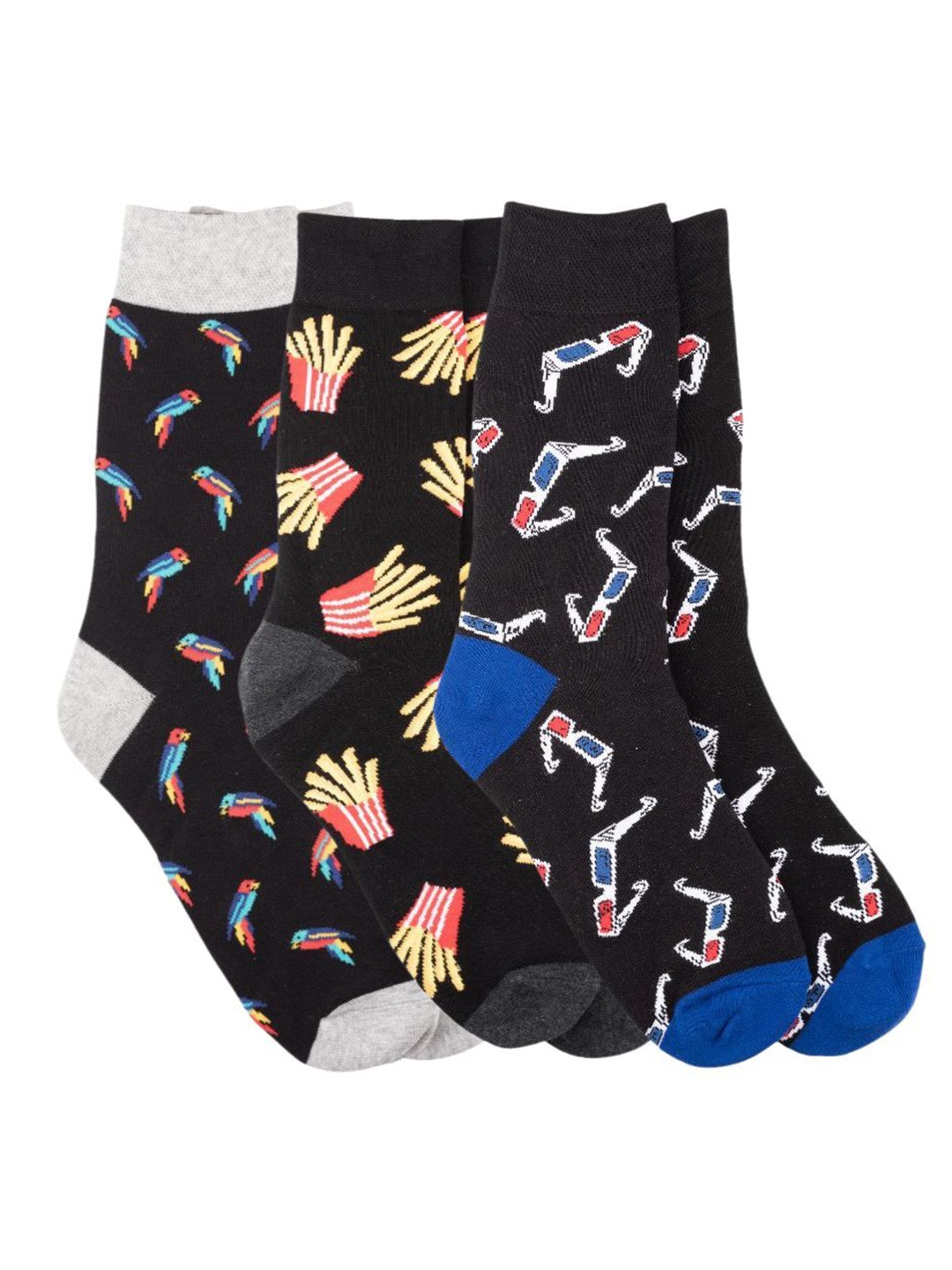 

The Tie Hub Men Pack Of 3 Patterned Calf Length Socks, Black