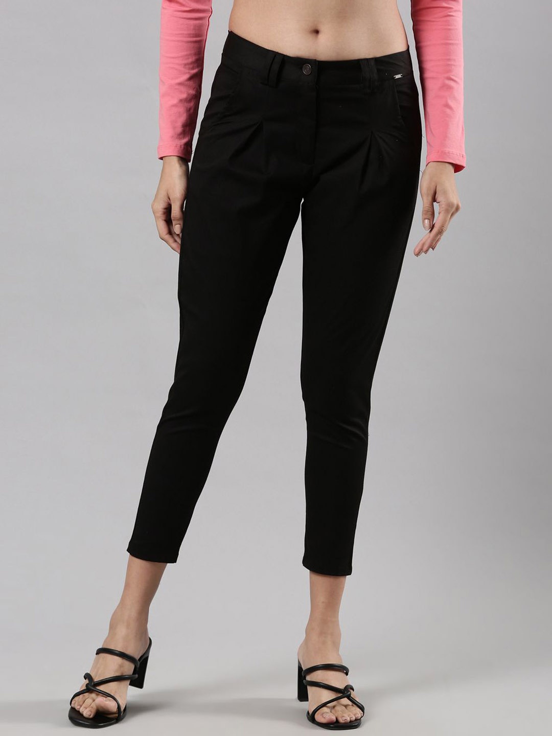 Femmora Women Comfort Pleated Cropped Chinos, Black