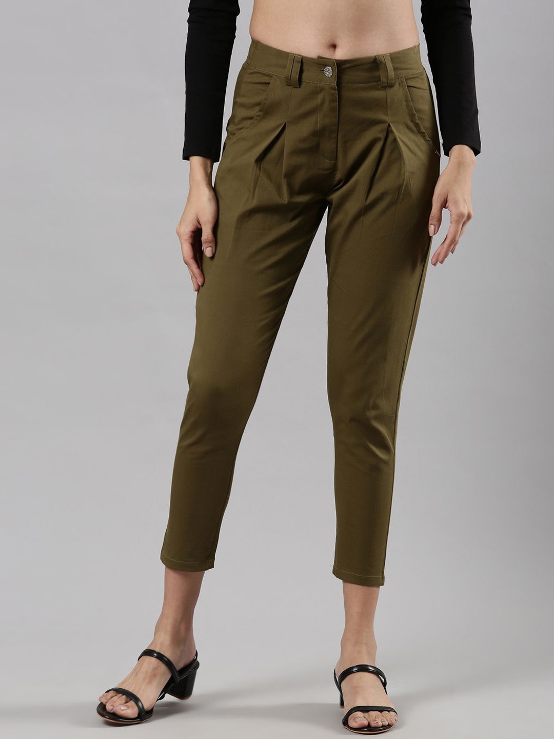 

Femmora Women Comfort Regular Fit Mid-Rise Pleated Trousers, Olive