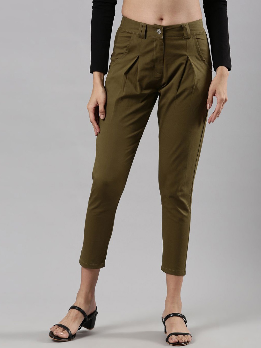 

Femmora Women Comfort Pleated Cropped Cigarette Trousers, Olive