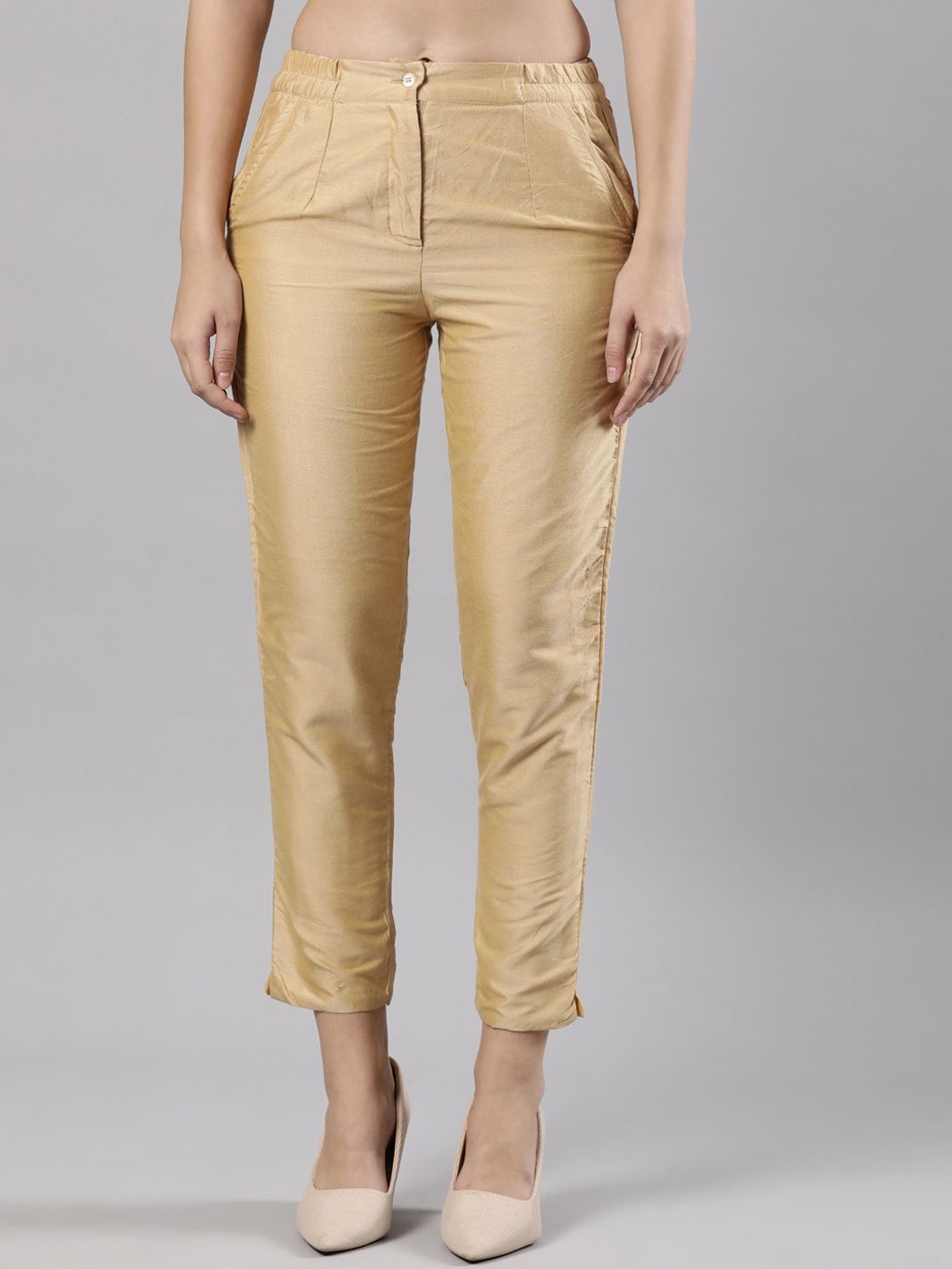 Femmora Women Comfort Skinny Fit Mid-Rise Flat-Front Trousers, Gold