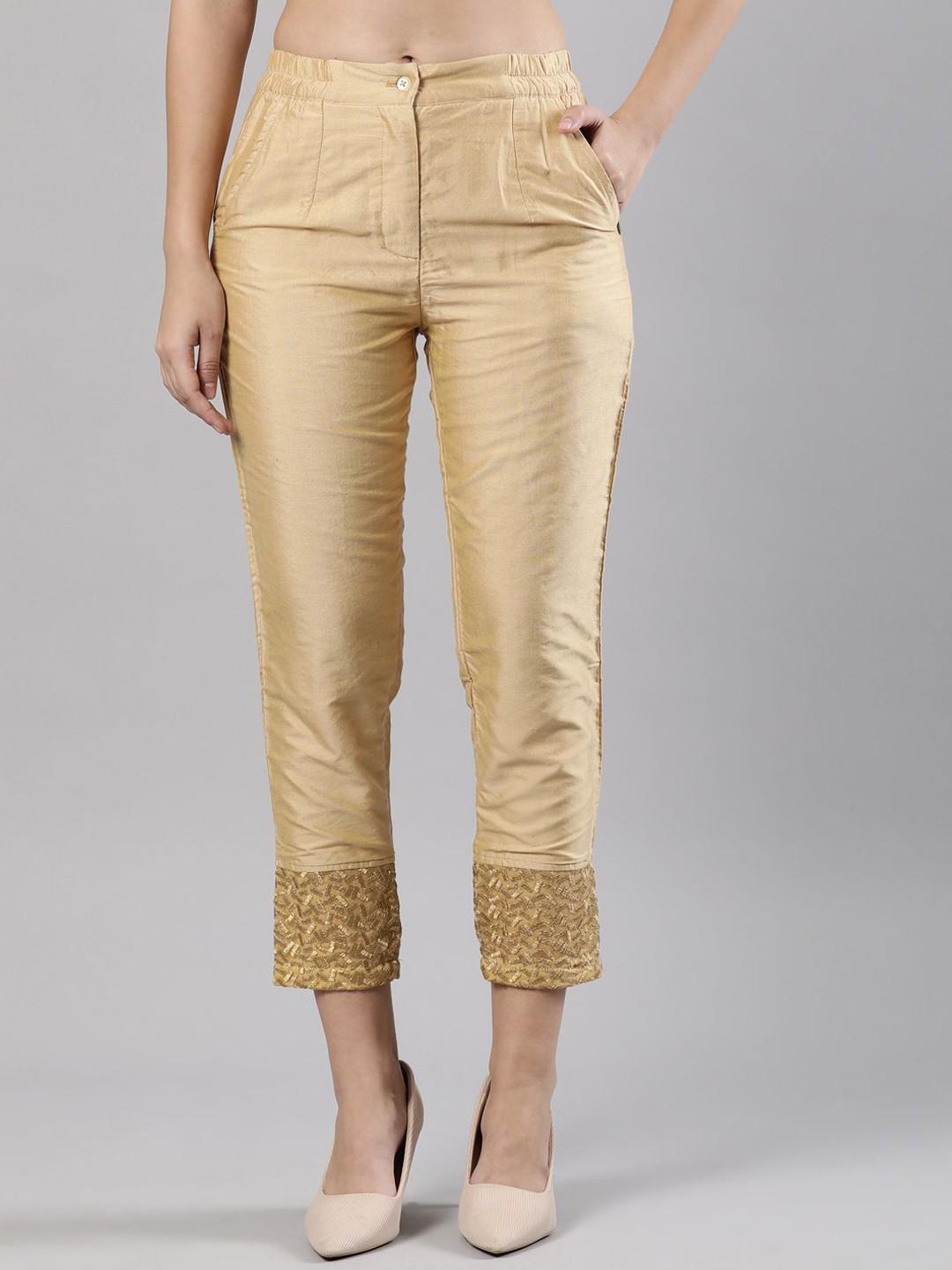 

Femmora Women Ethnic Motifs Regular Fit Cigarette Trousers, Gold