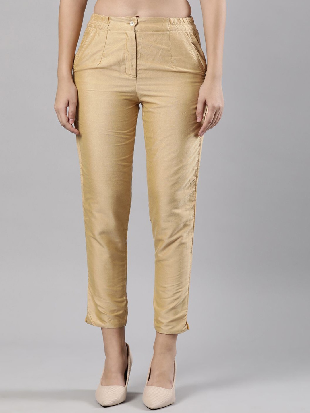 

Femmora Women Skinny Fit Flat-Front High-Rise Comfort Trousers, Gold