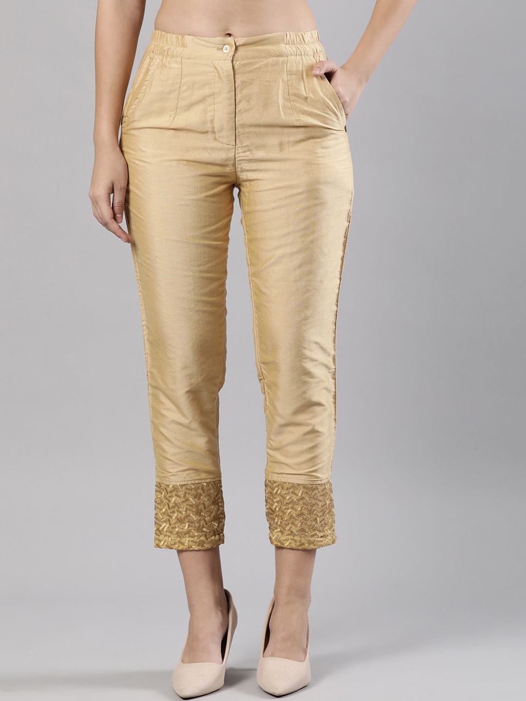 

Femmora Women Ethnic Motifs Comfort Trousers, Gold