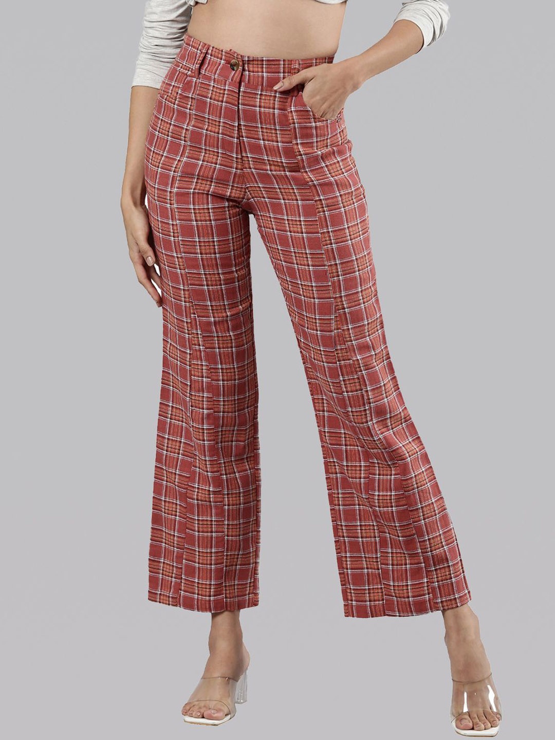 

Femmora Women Checked Flared High-Rise Trousers, Red