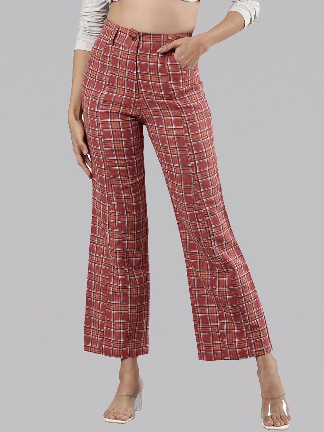

Femmora Women Checked Cropped Flared Mid-Rise Parallel Trousers, Red