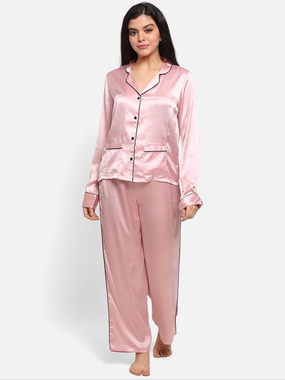 

PRETTY LOVING THING Women Solid Lepel Collar Satin Night suit, Pink