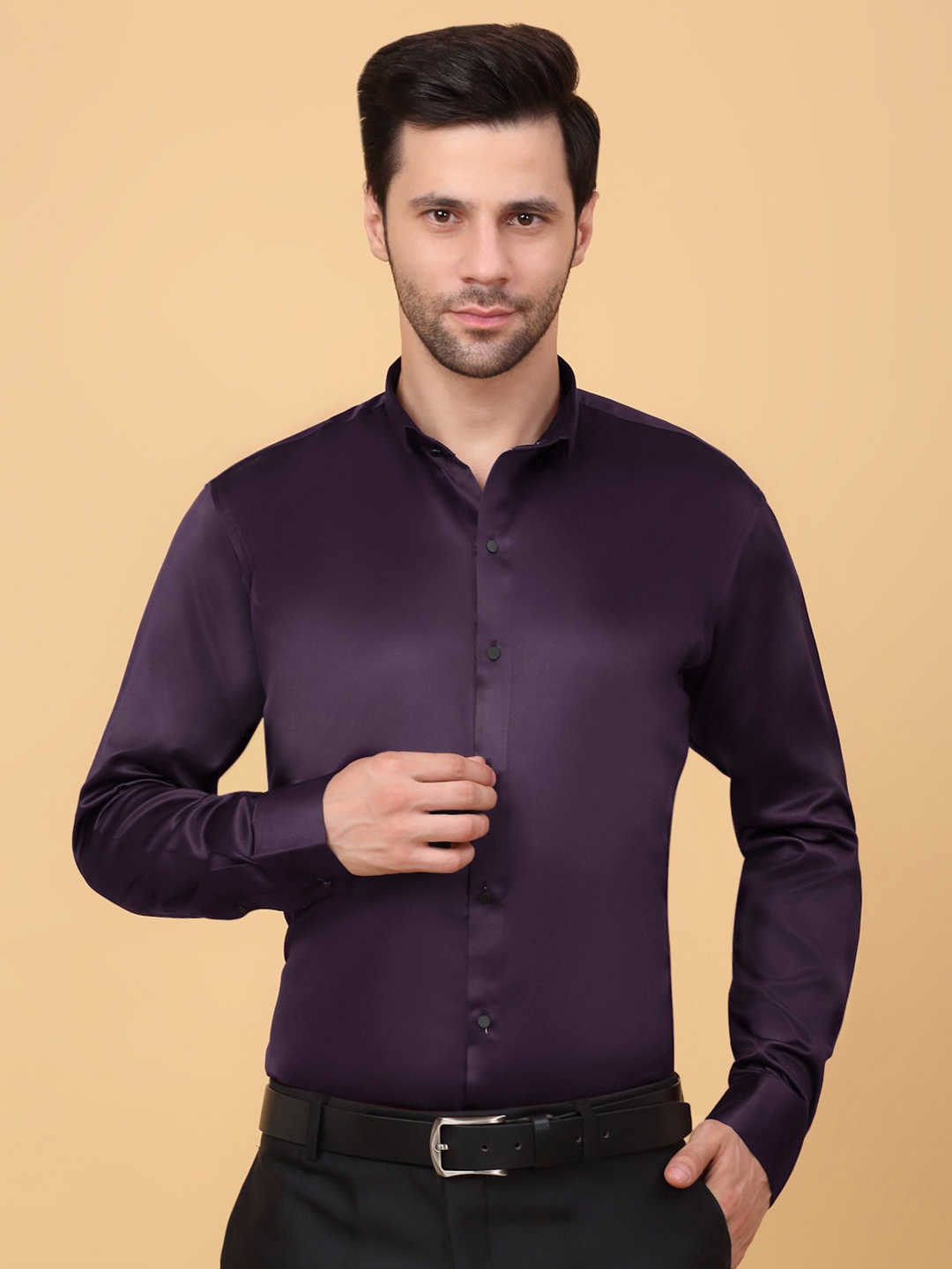 

KLOTTHE Men Spread Collar Satin Formal Shirt, Purple