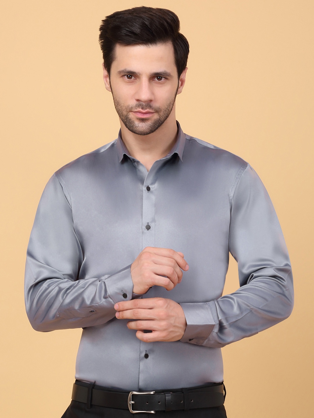 

KLOTTHE Spread Collar Satin Formal Shirt, Grey