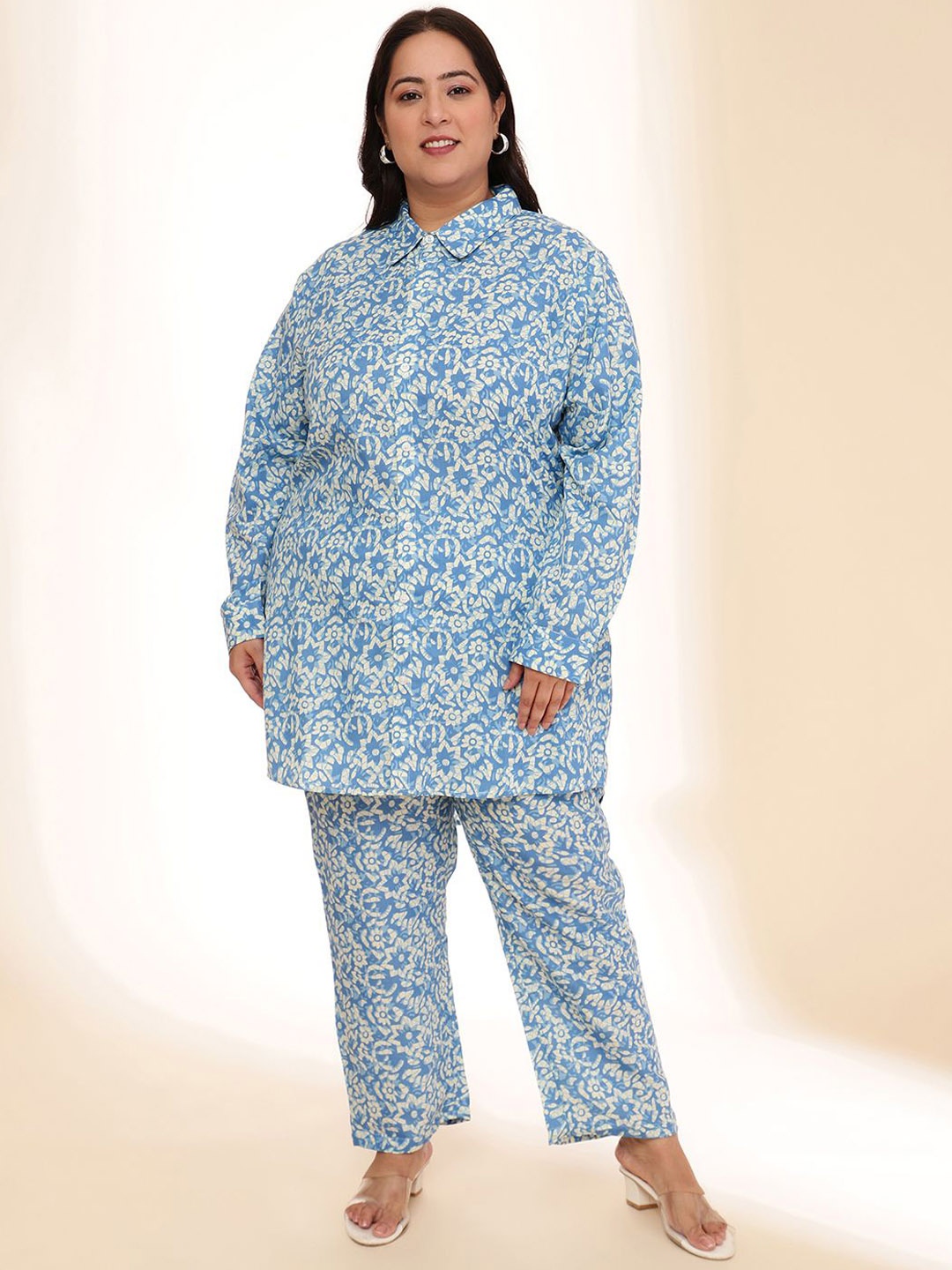 

URG Plus Size Printed Cotton Linen Top With Trouser, Blue