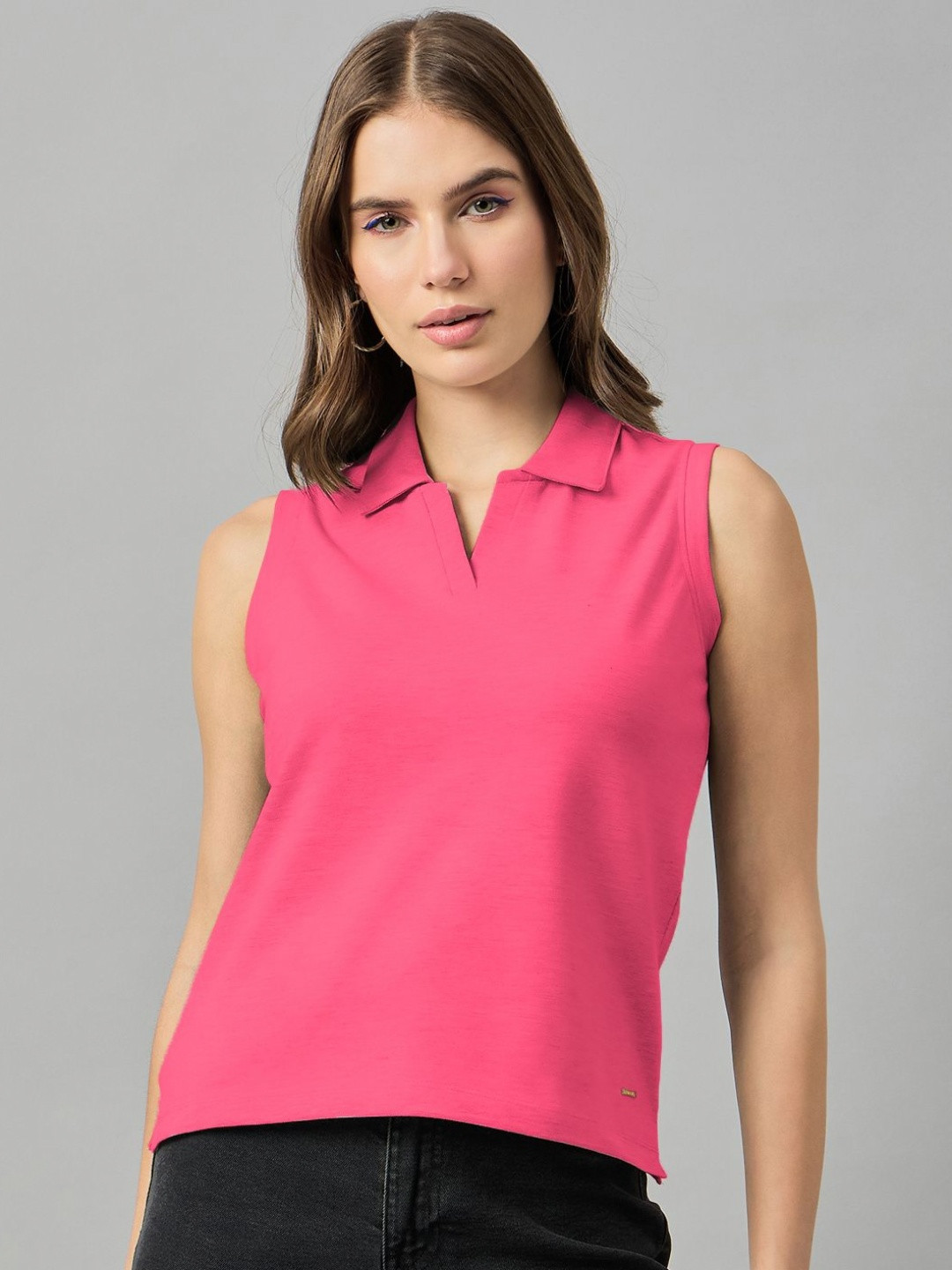 

FEMEA Women Solid Polo Collar T-shirt, Pink