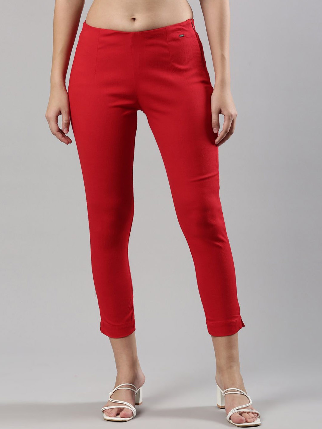 

Femmora Women Skinny Fit Flat-Front High-Rise Comfort Trousers, Red