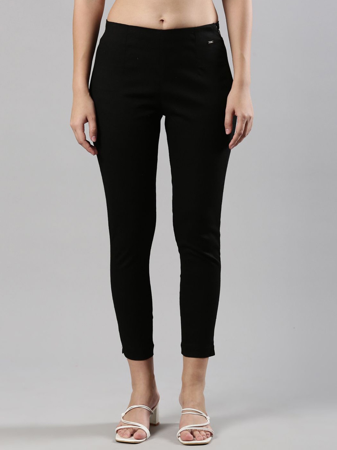 

Femmora Women Comfort Mid-Rise Cigarette Trousers, Black