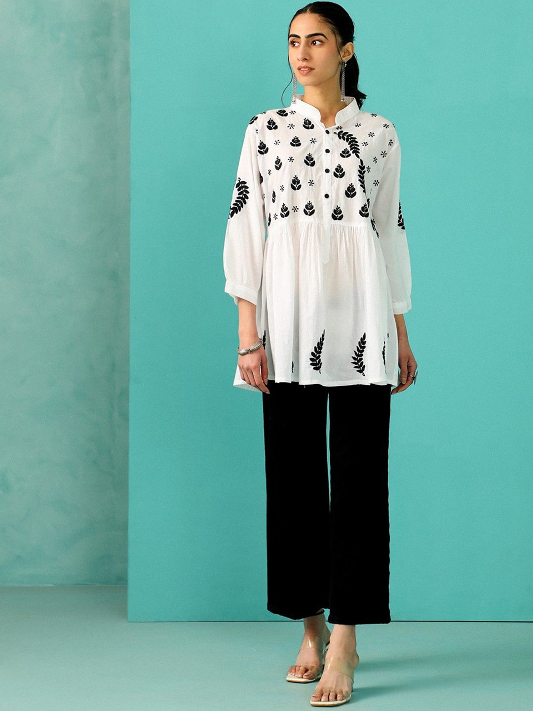 

House of Chikankari Ethnic Motifs Embroidered Chikankari Cotton Pleated A-line Kurti, White