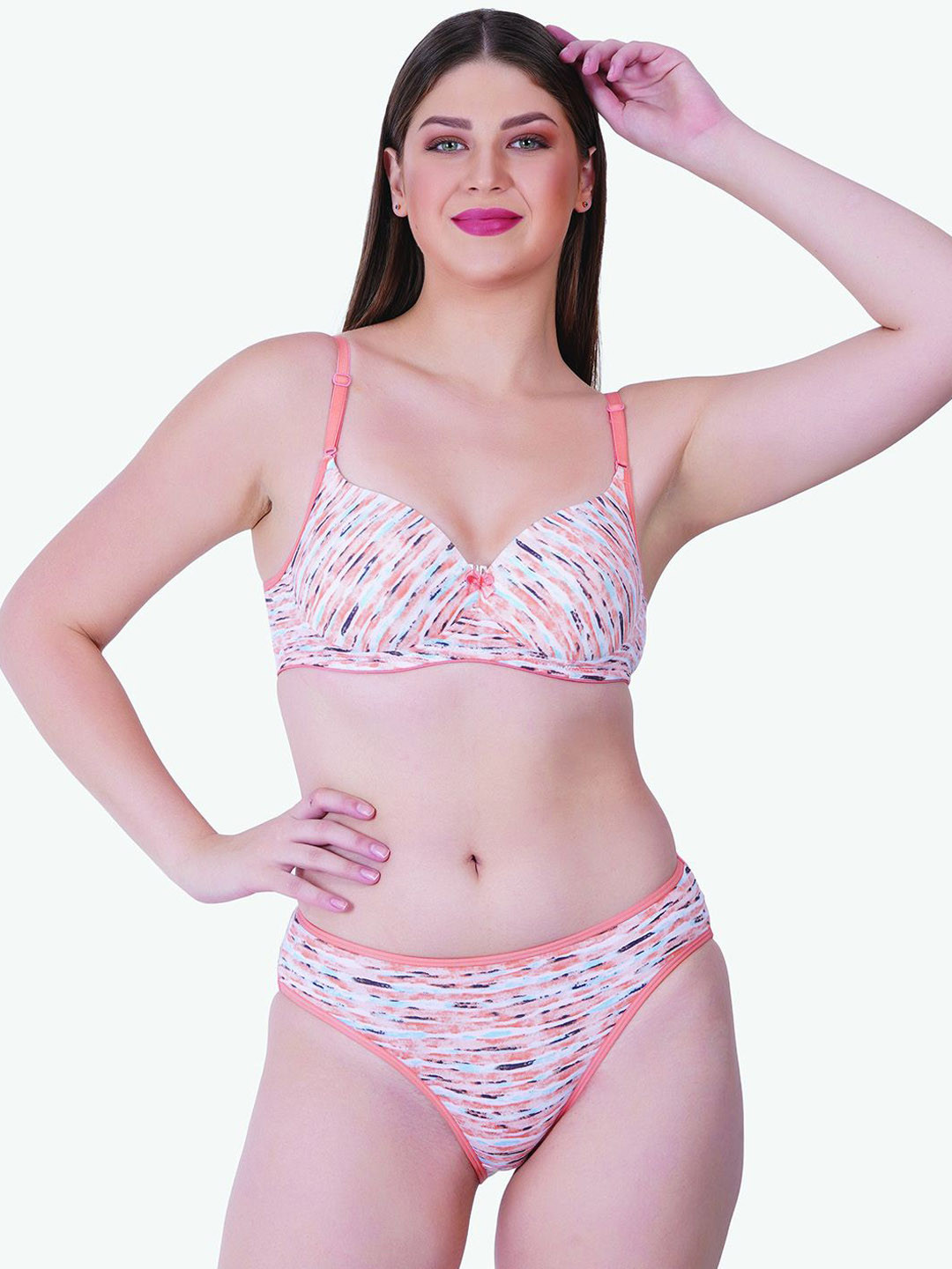 

Reveira Women Printed Heavily-Padded Mid-Rise Non-Wired Lingerie Set-SAYNAD1_165_30, Peach