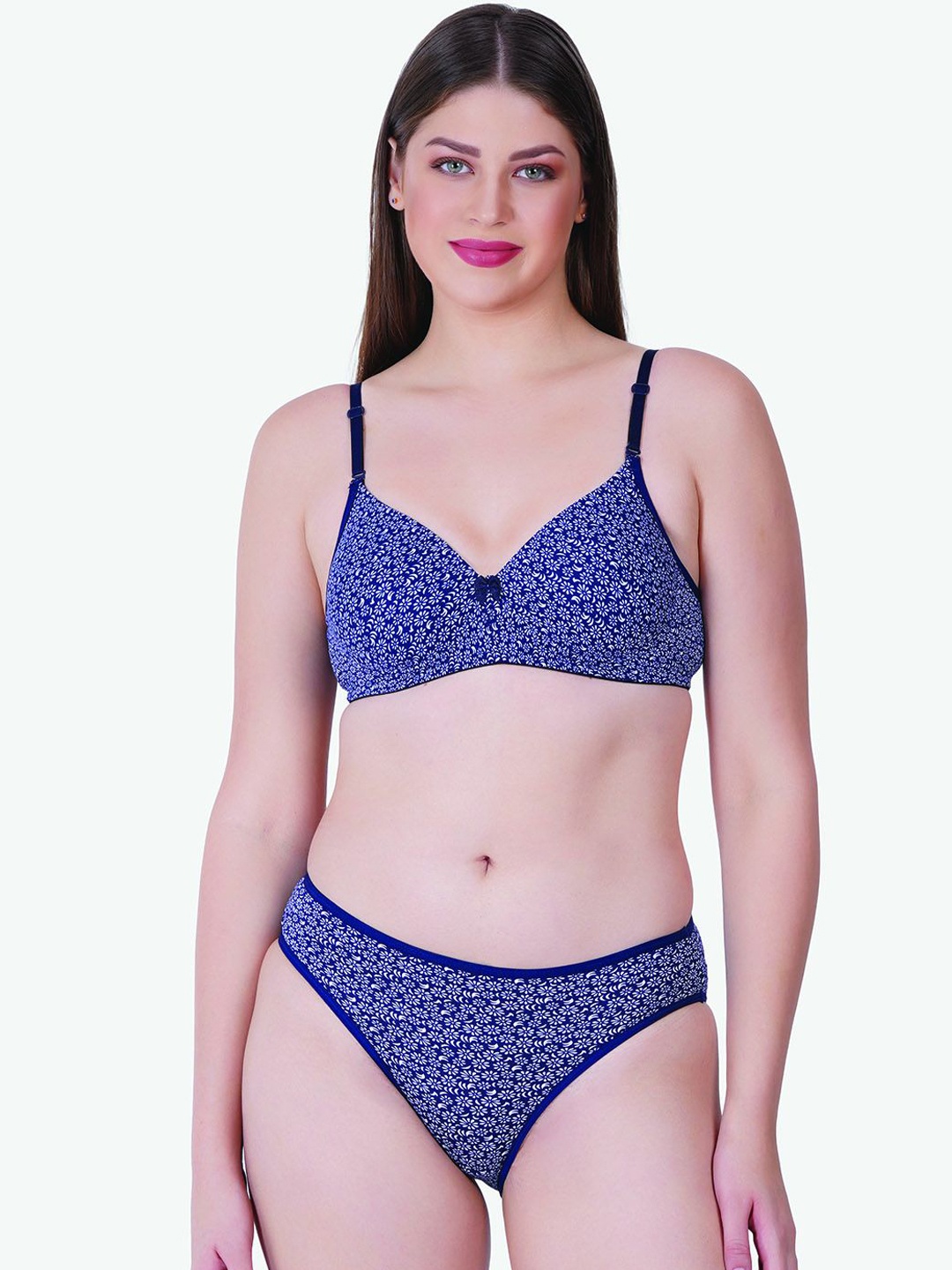 

Reveira Women Printed Cotton Heavily-Padded Bra Cotton Lingerie Set, Navy blue