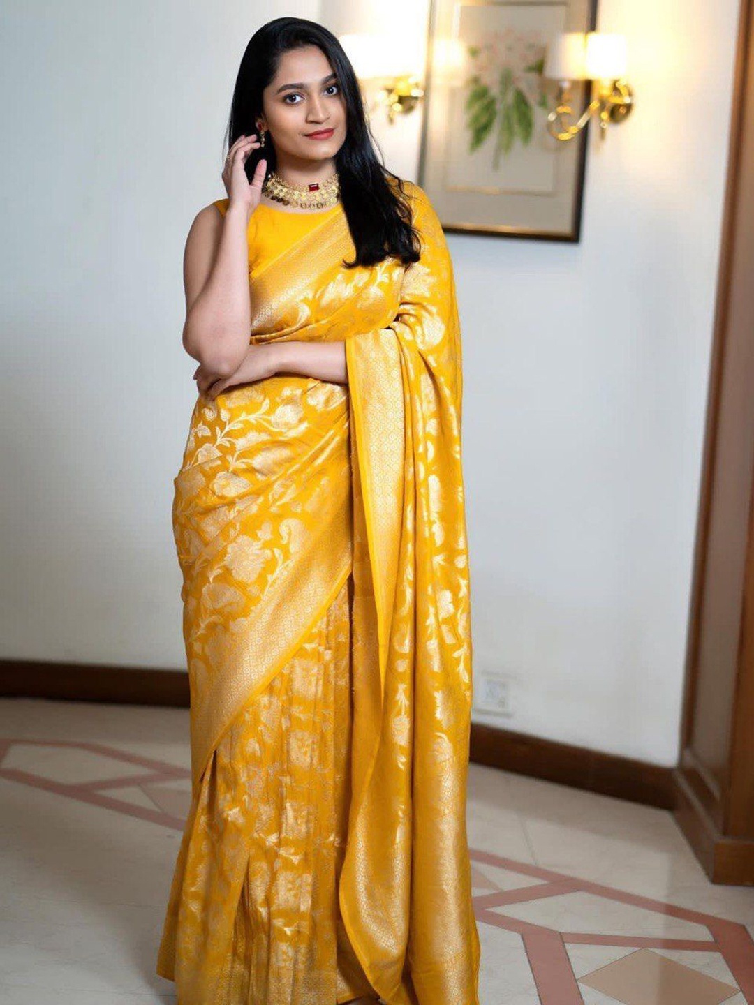 

revika Floral Zari Pure Silk Kanjeevaram Saree, Yellow