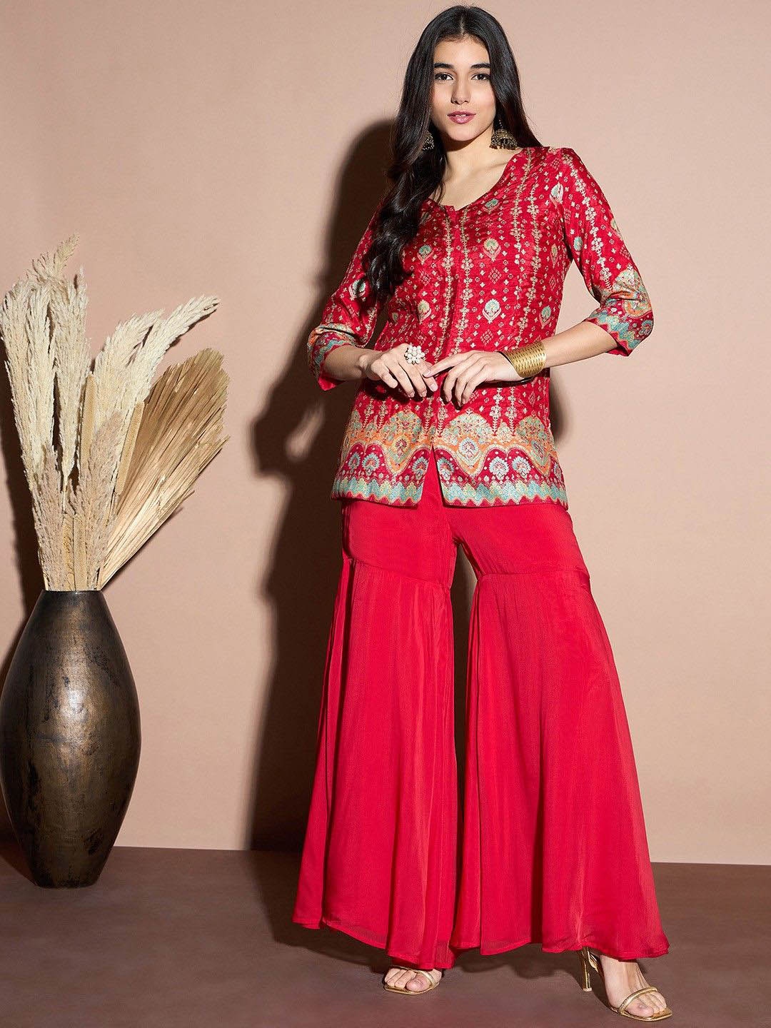 

ADORNIA Printed Tunic With Palazzzos, Red