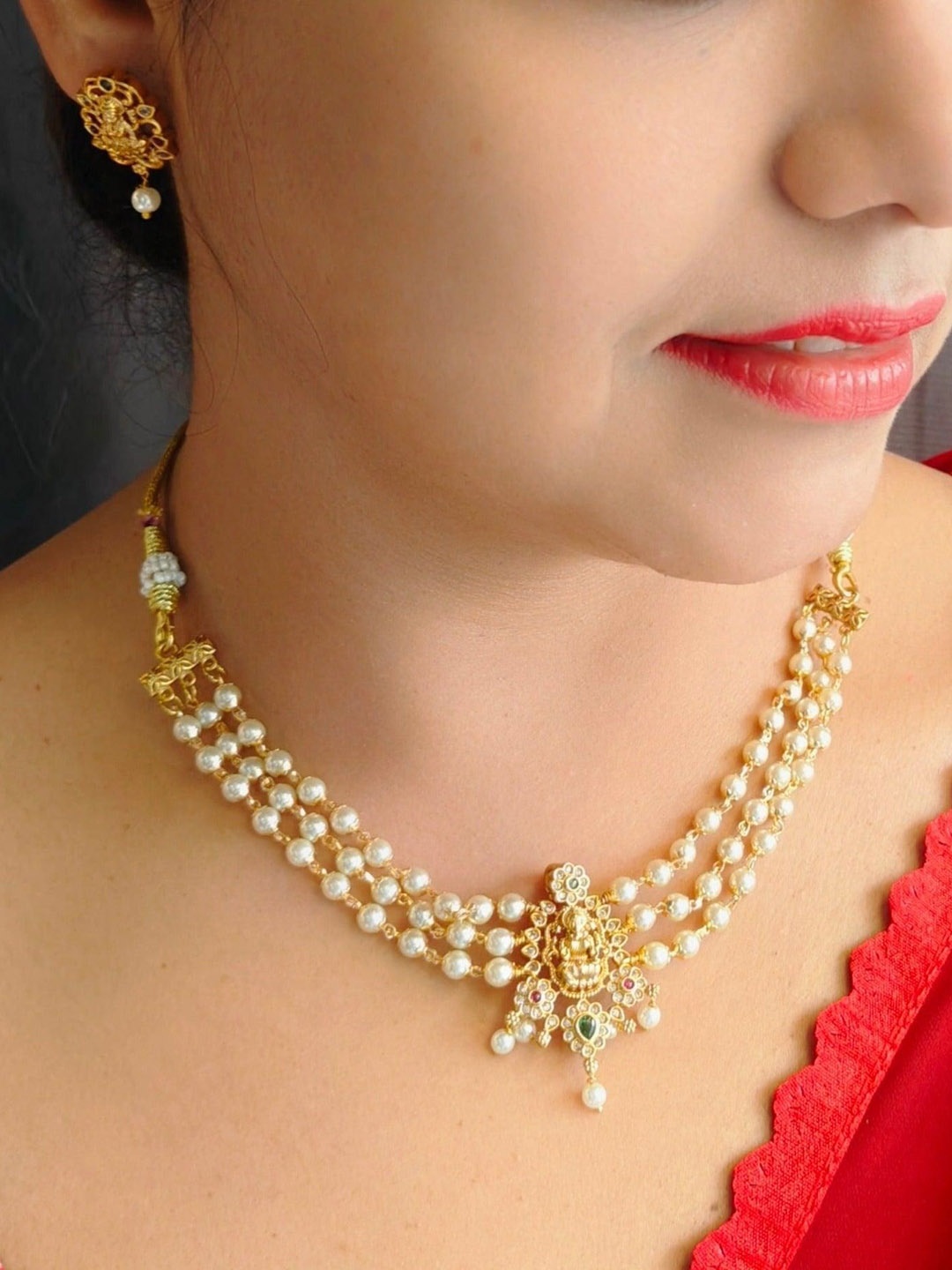 

GRIIHAM Gold-Plated Cubic Zirconia Studded Temple Jewellery Set