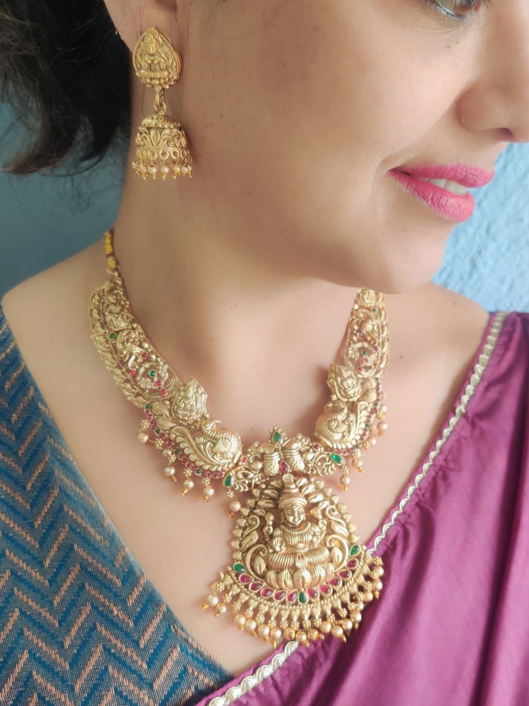 

GRIIHAM Gold-Plated American Diamond Studded & Beaded Temple Jewellery Set