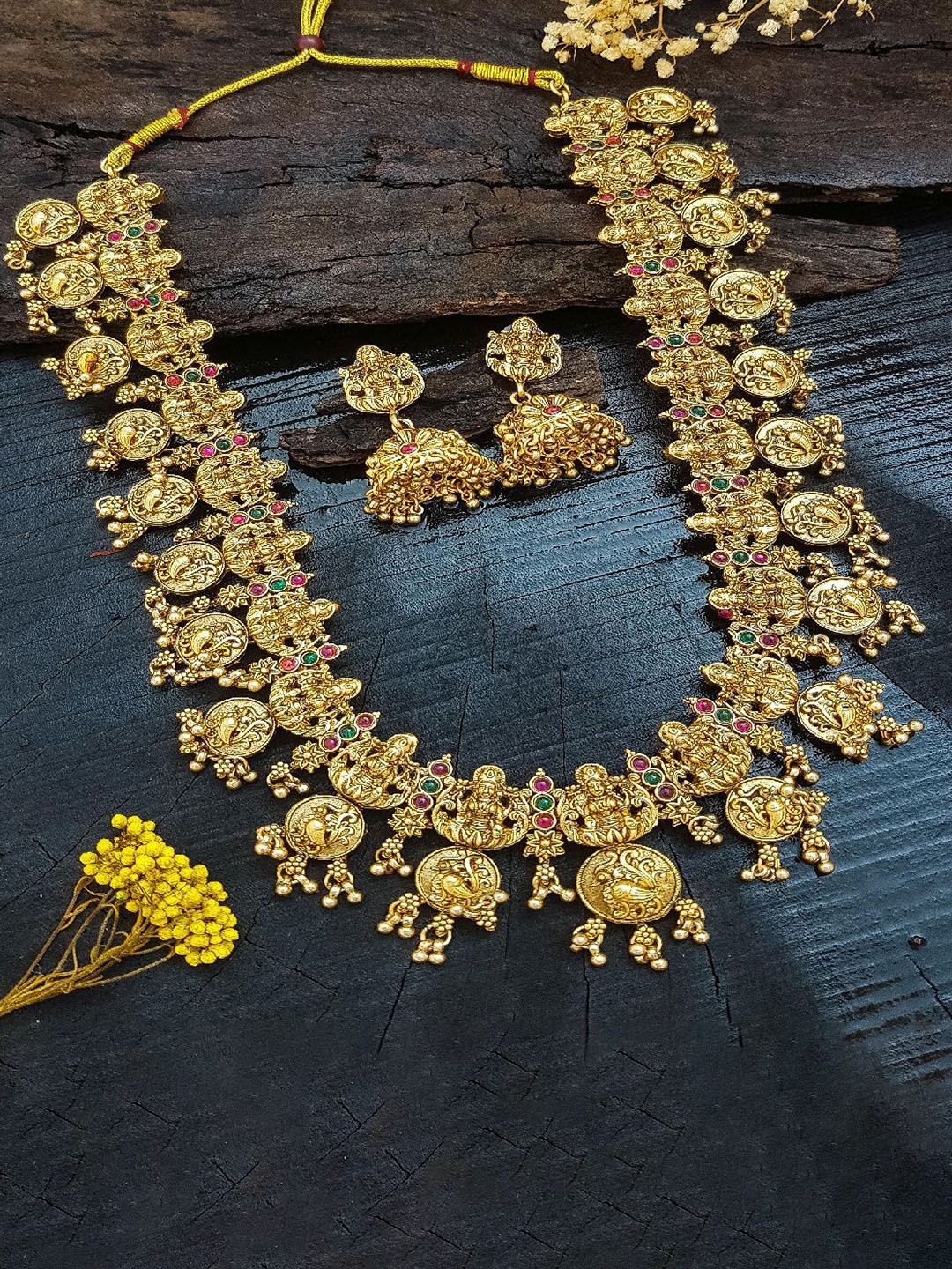 

GRIIHAM Gold-Plated CZ Studded & Beaded Temple Jewellery Set