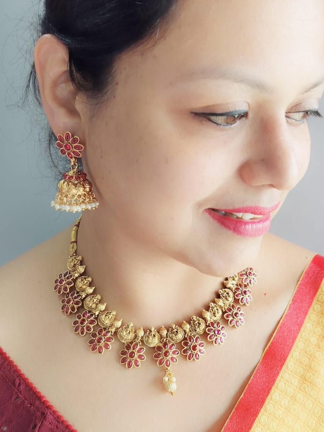 

GRIIHAM Gold-Plated American Diamond Studded & Beaded Temple Jewellery Set