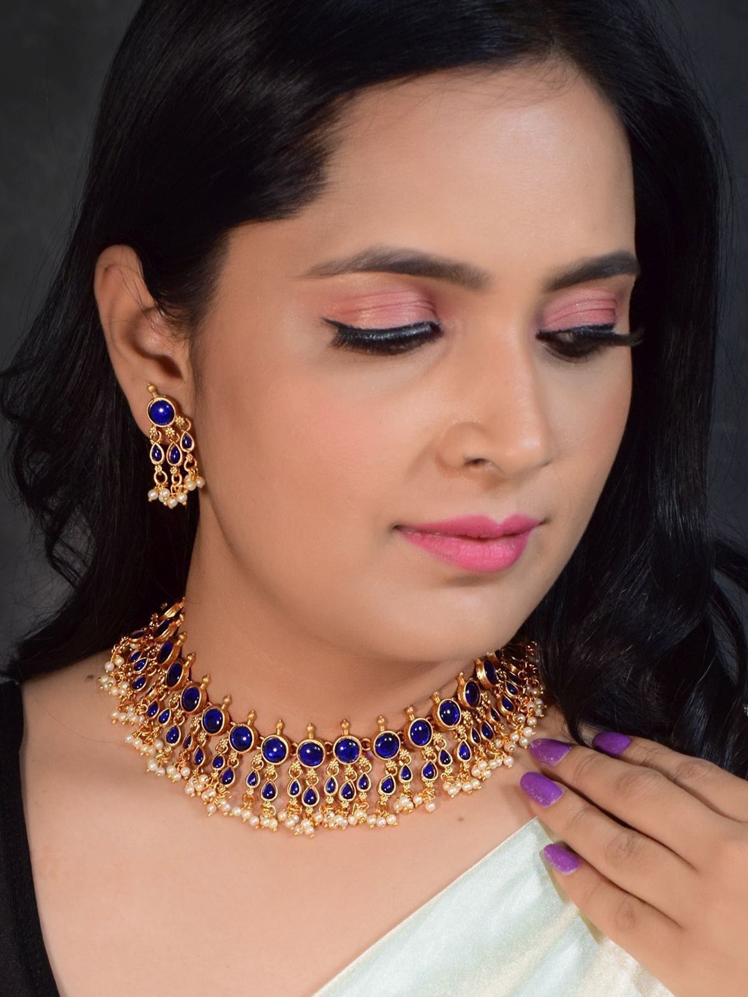 

GRIIHAM Gold-Plated Artificial Stones & Beads Stones Studded Jewellery Set, Blue