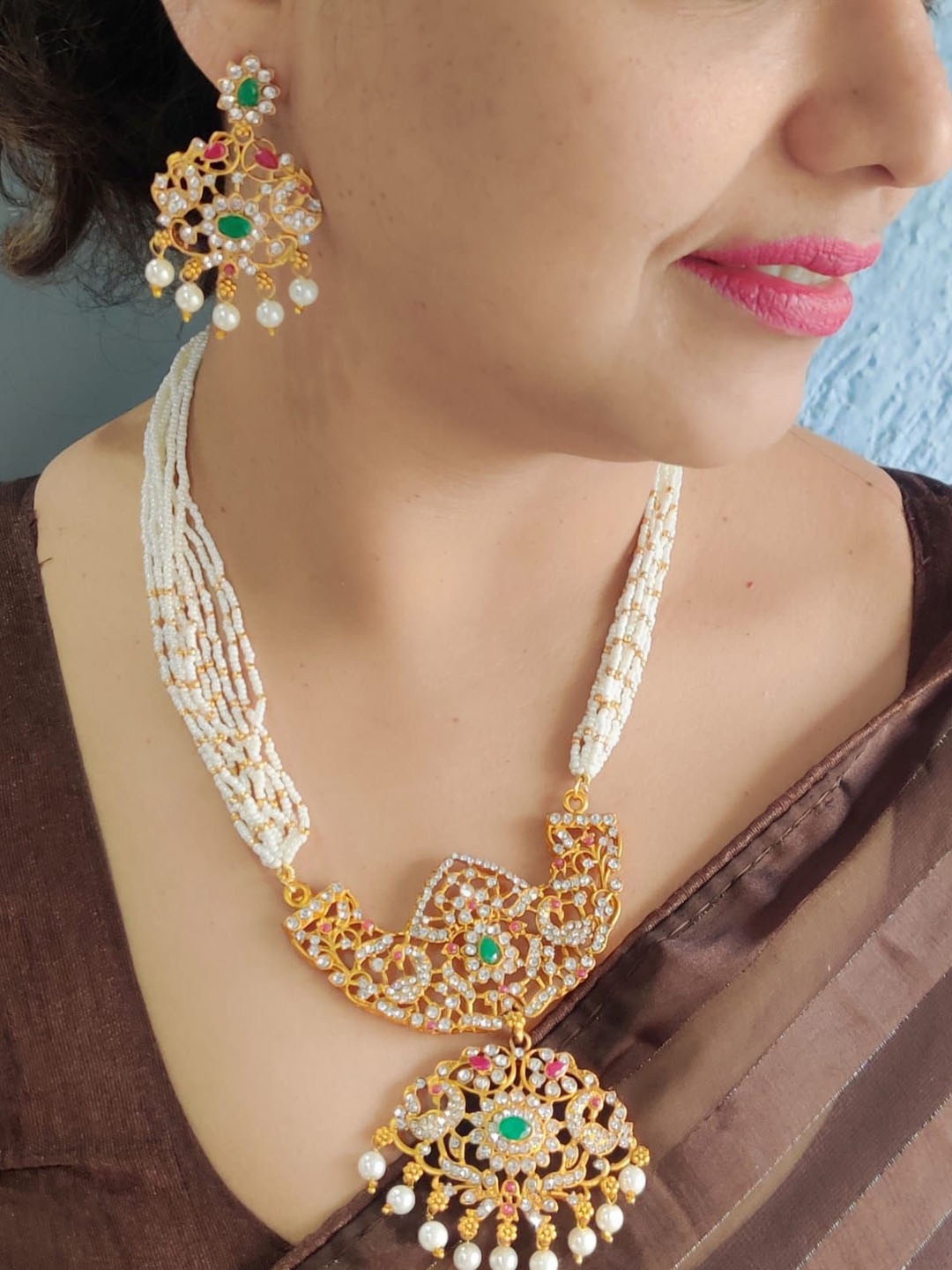 

GRIIHAM Gold-Plated Cubic Zirconia Studded & Beaded Jewellery Set
