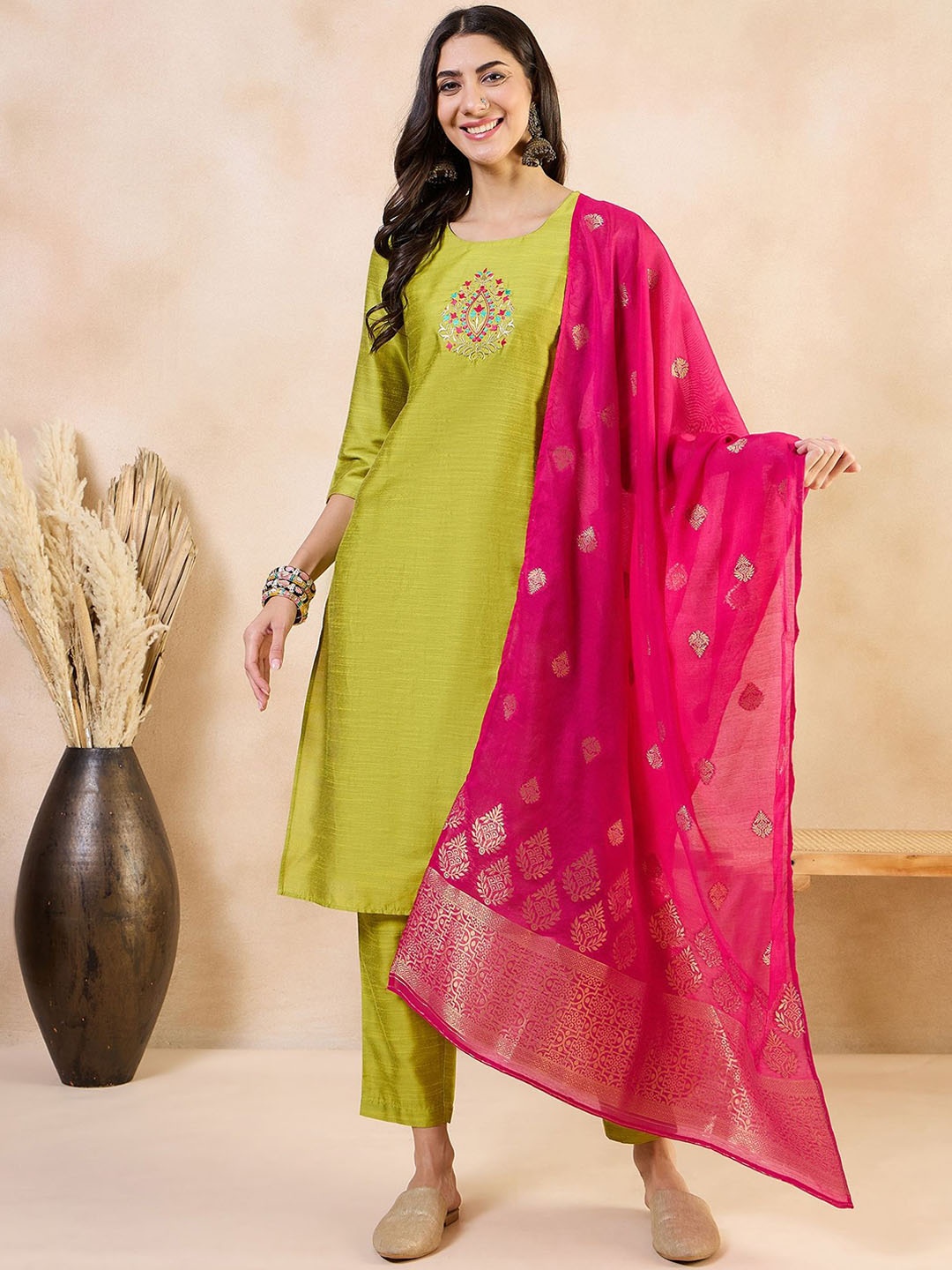 

Anouk Green Floral Yoke Design Straight Kurta With Trousers & Dupatta