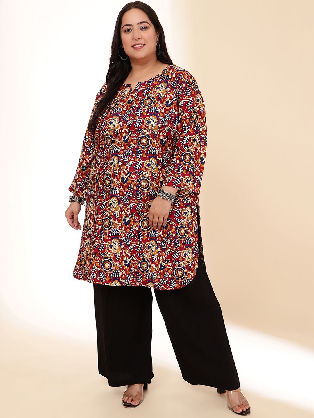 

URG Plus Size Floral Printed Notch Neck Straight Kurta, Red