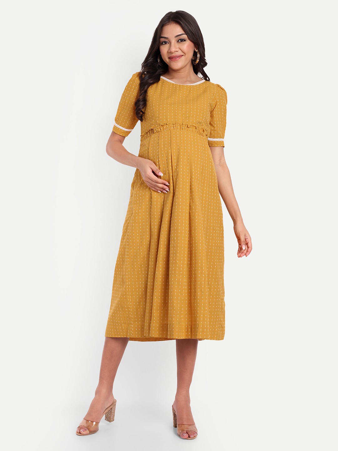 

THOTTIL Printed Maternity Empire Midi EthnicDress, Yellow