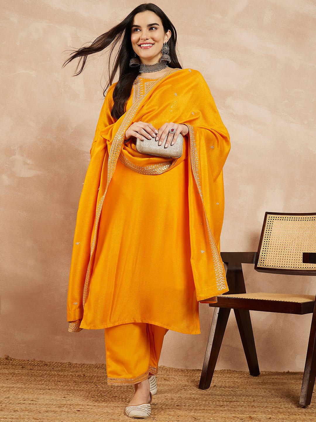 

SERONA FABRICS Floral Embroidered Pure Silk Straight Kurta with Trousers & With Dupatta, Yellow