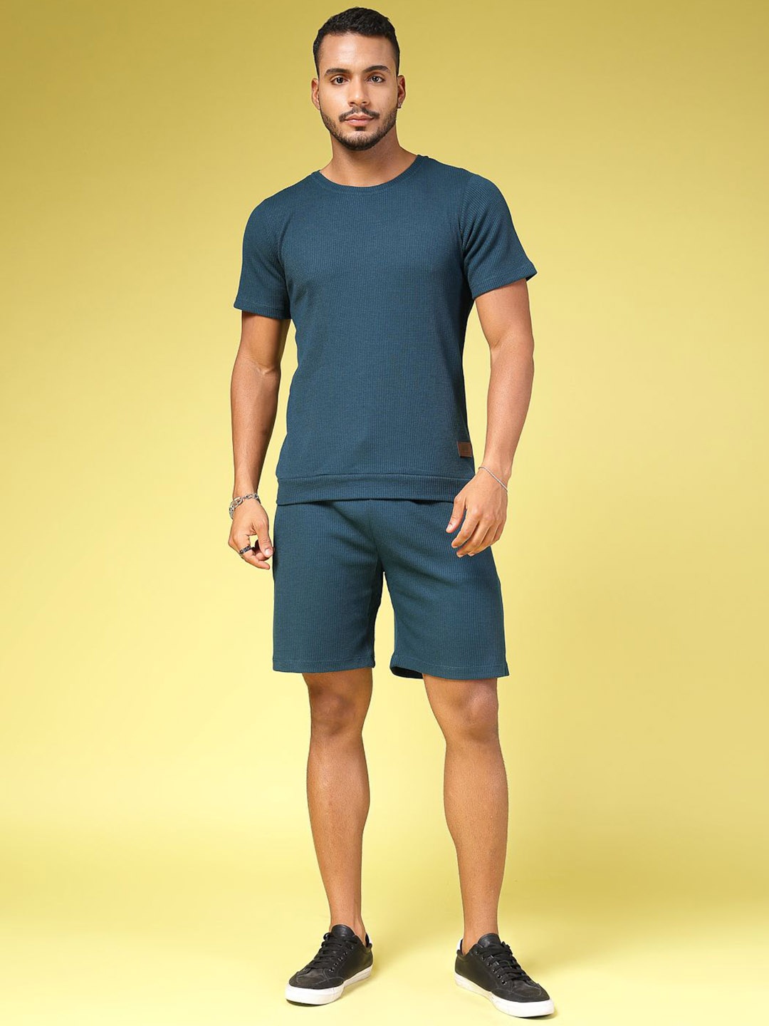 

Rigo Men Solid Pure Cotton Waffle Co-ord Set, Teal