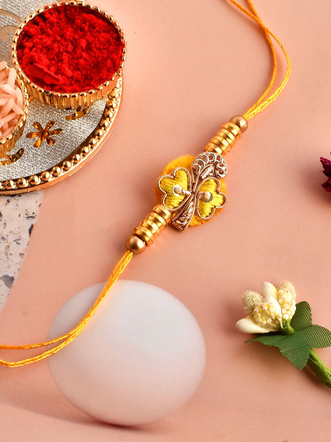 

Anouk Sequinned & Zardosi Rakhi With Roli Chawal & Card, Yellow