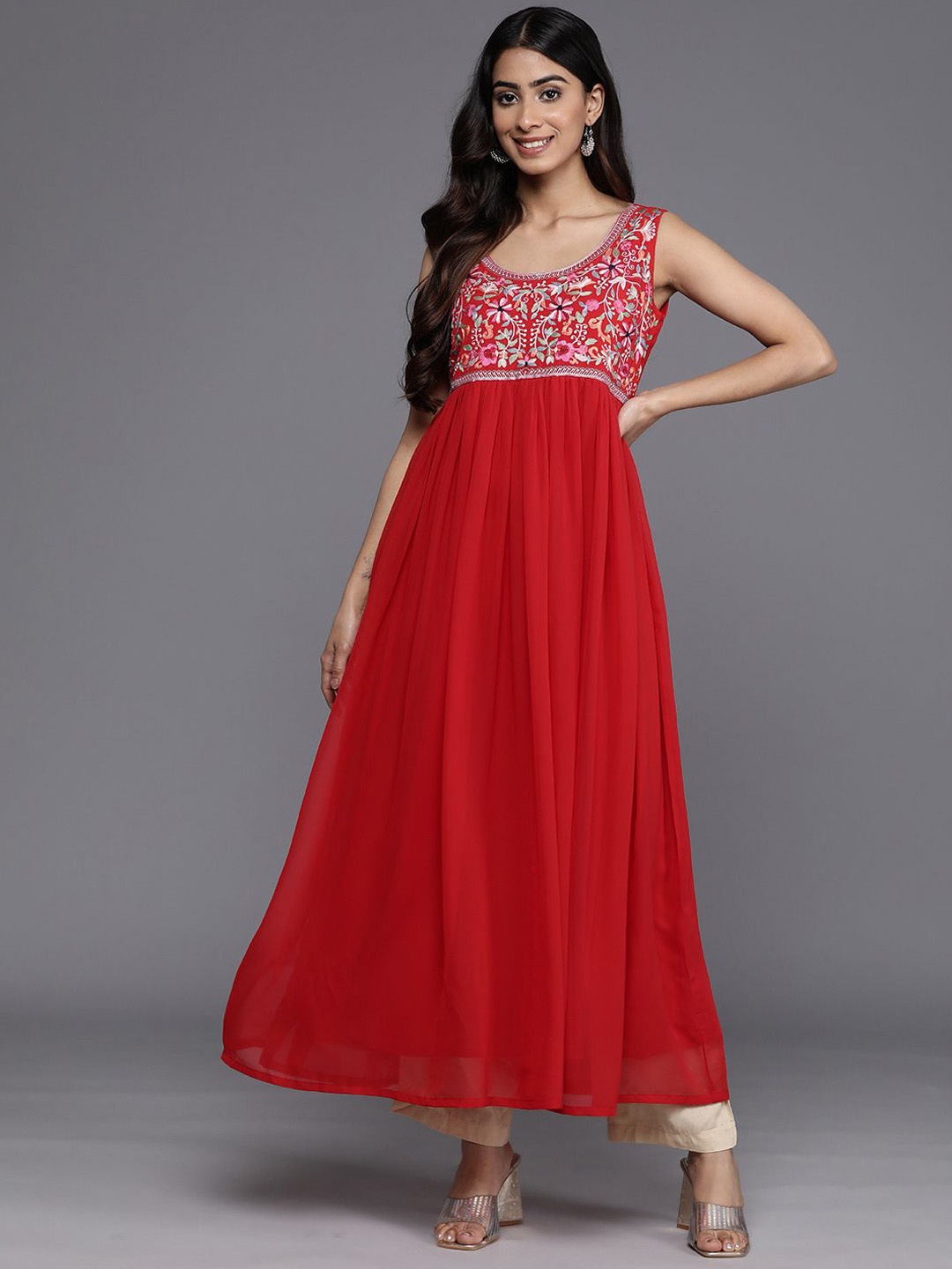 

Varanga Red Floral Yoke Design Thread Work Georgette Empire Anarkali Kurta