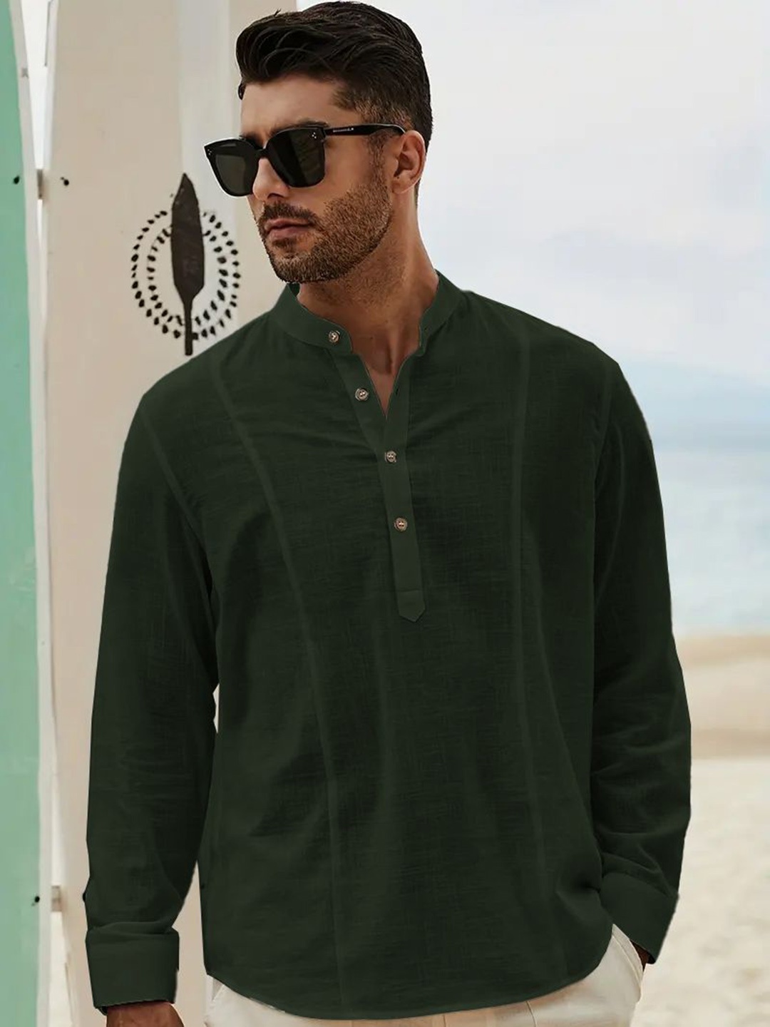 

Anouk Green Mandarin Collar Cotton Straight Short Kurta