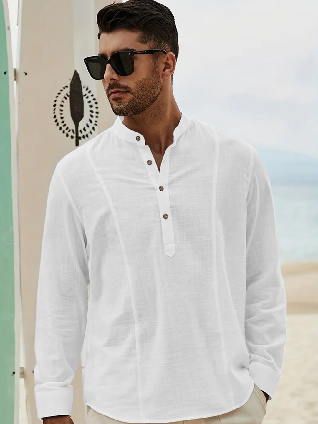 

Anouk Band Collar Cotton Straight Short Kurta, White