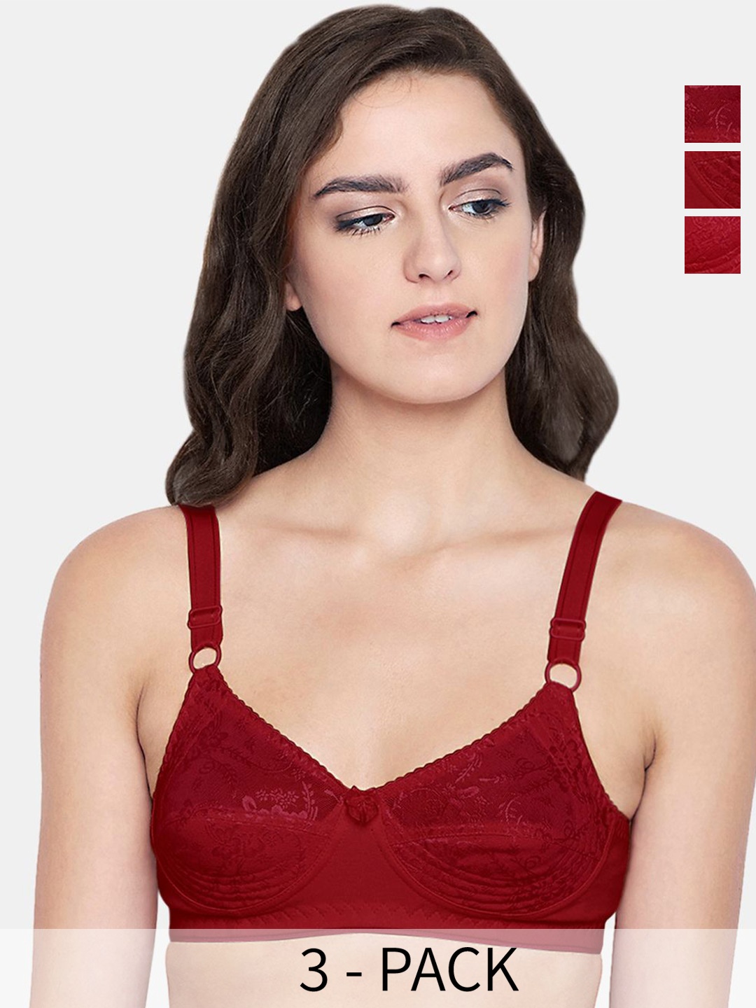 

Bodycare Pack Of 3 Floral Full Coverage Cut and Sew Anti Bacterial Cotton Non Padded Bra, Maroon