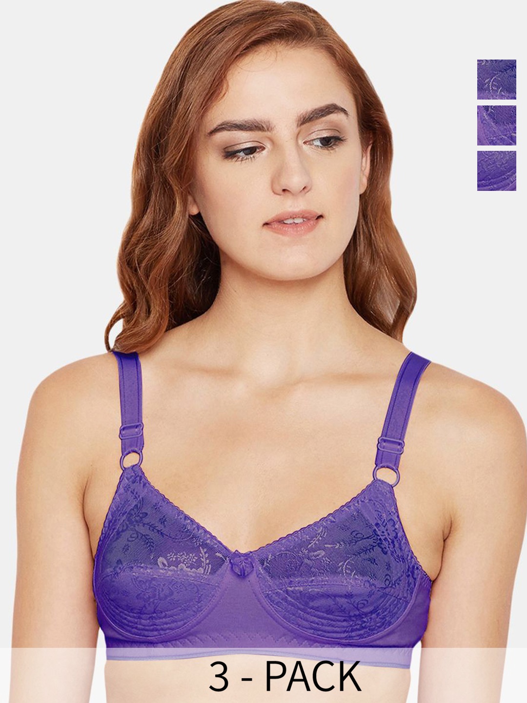 

Bodycare Pack Of 3 Women Self Design Cotton Half Coverage Bra, Purple