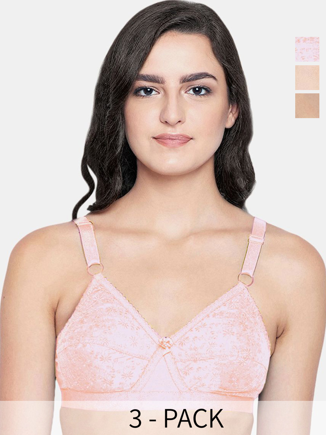 

Bodycare Women Self Design Lightly Padded Full Coverage 3 Pcs Cotton Tshirt Bra, Pink